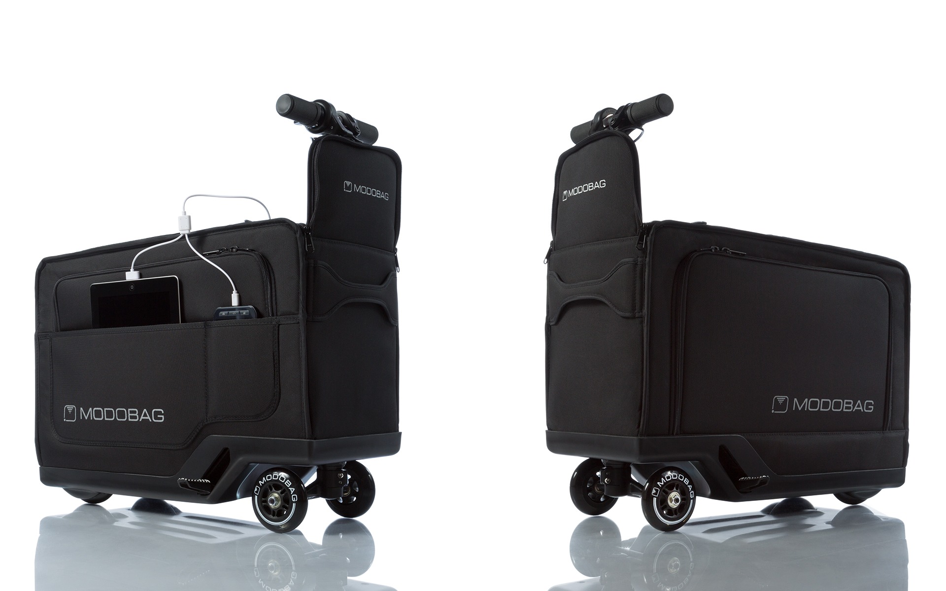 Riding Modobag, the motorized suitcase